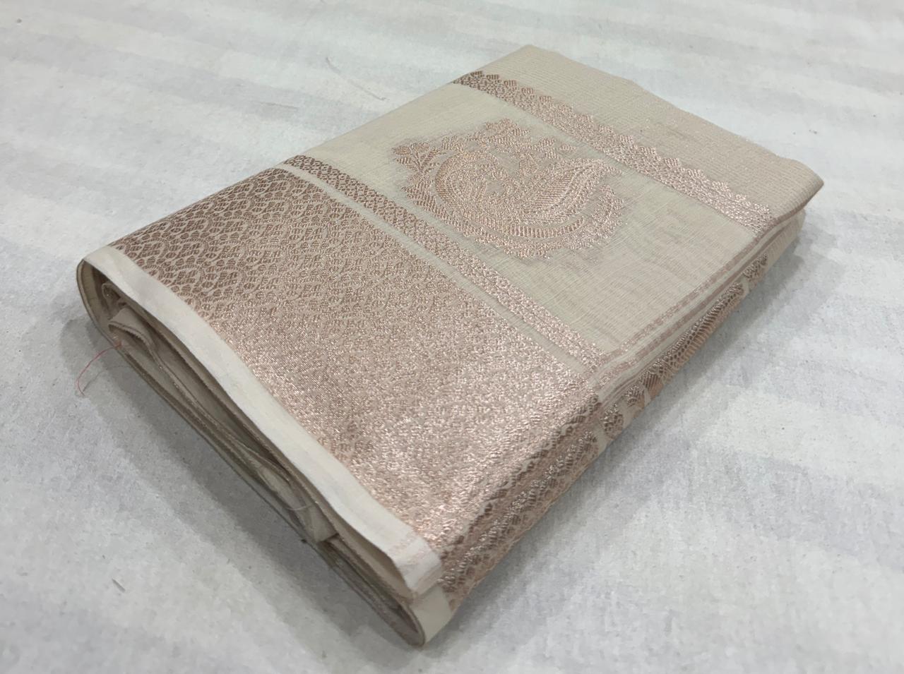 Pure Banarasi Linen Cotton Silk Saree with Copper Zari Border